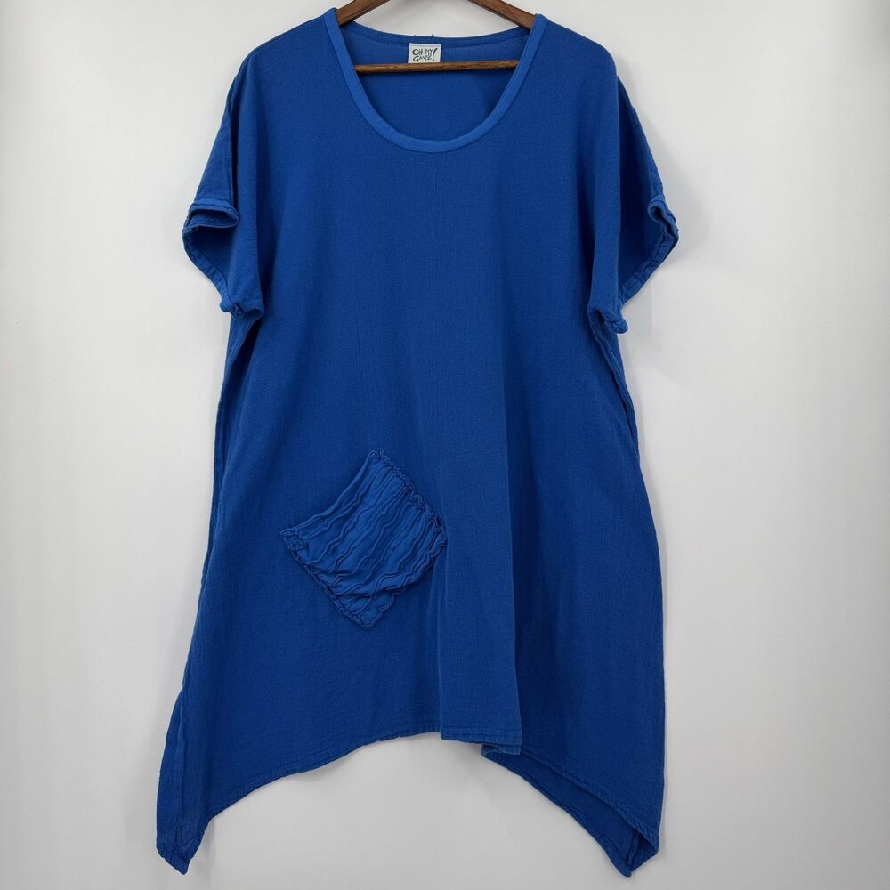 Oh My Gauze Dress Womens 1X Blue Cotton Lagenlook Tunic V Handkerchief Hem